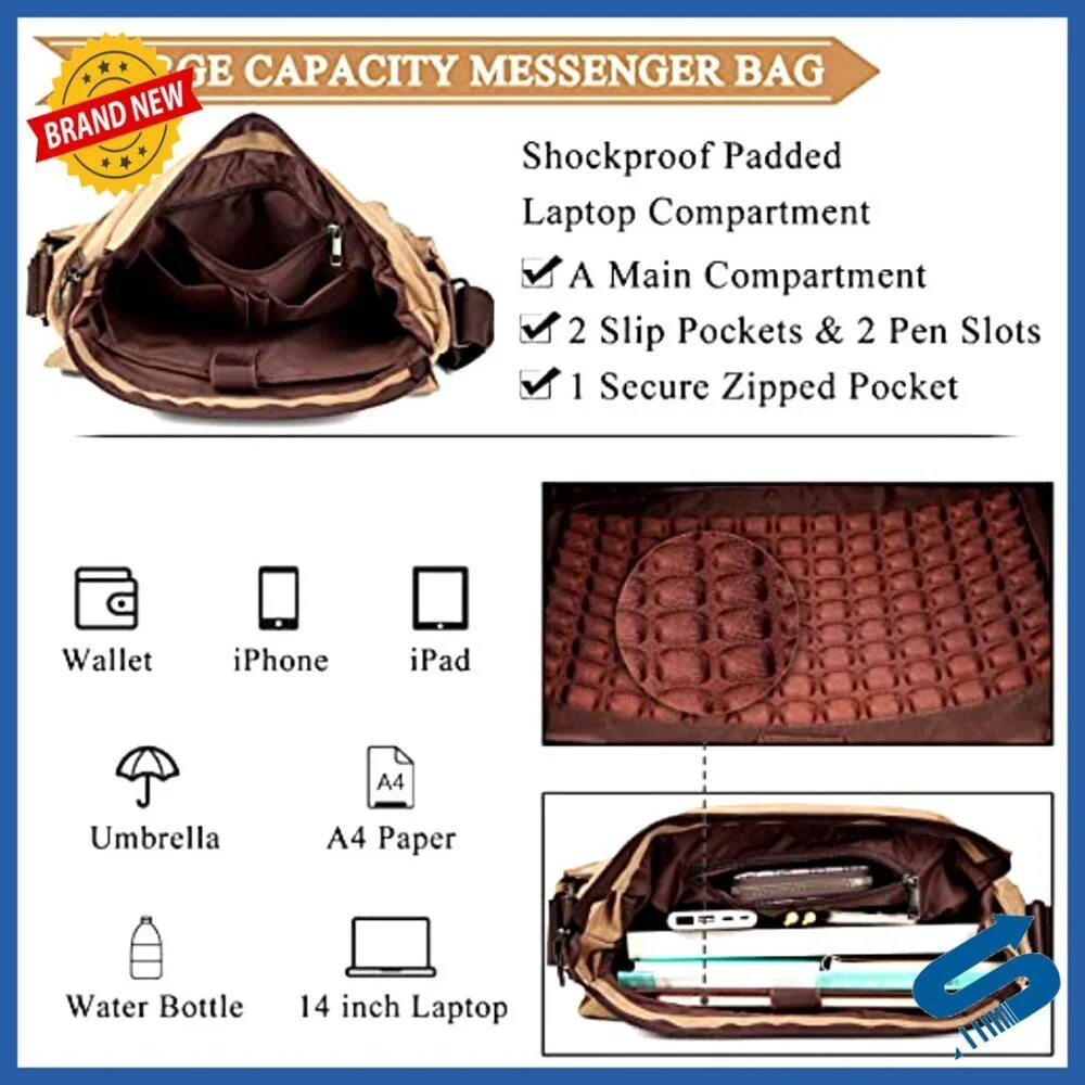 Vintage Canvas Messenger Bag Water Resistant Laptop Satchel Work School College